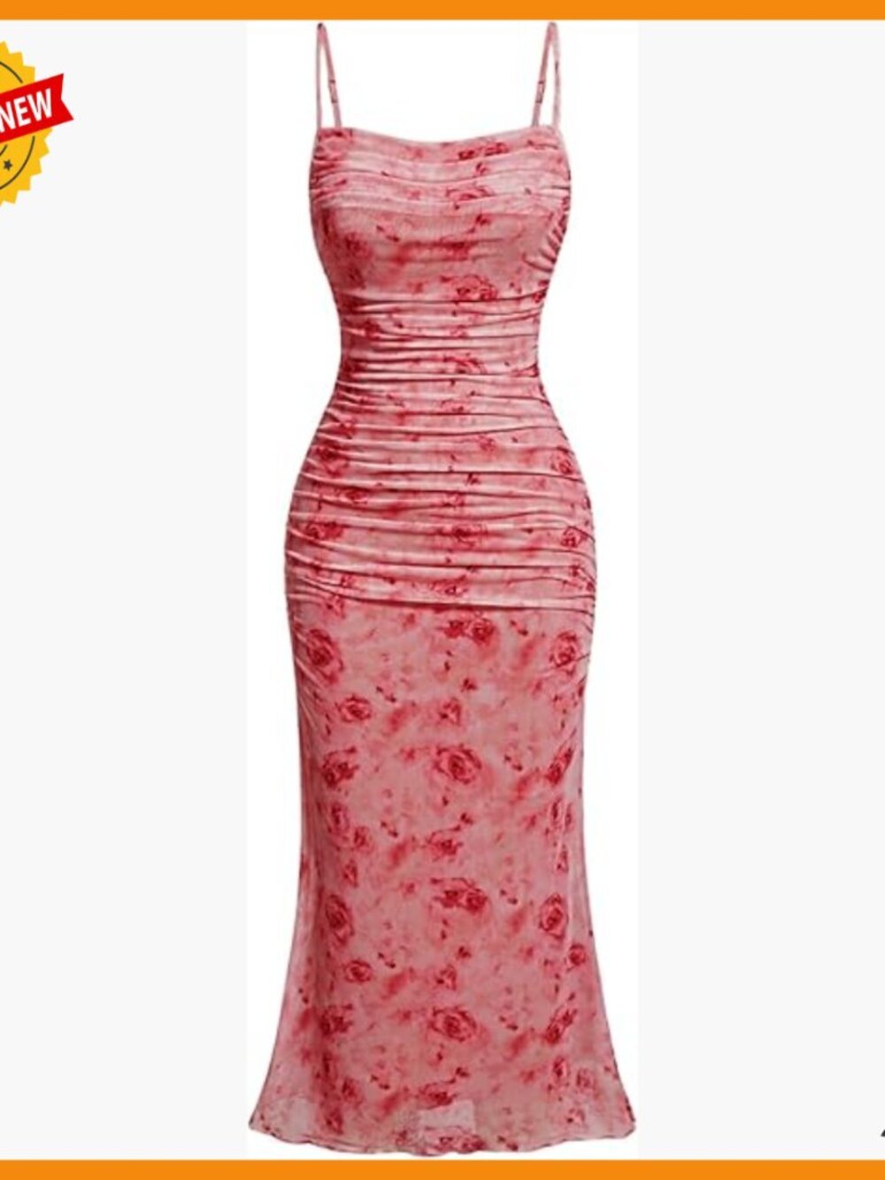 Floral Midi Dress Spaghetti Strap Ruched Mesh Wedding Guest Cocktail